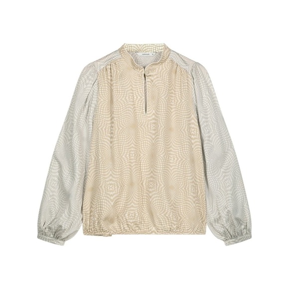 SUMMUM Kaleidoscope Luxury print top with puff sleeves in alpaca Neutral Small - Picture 4 of 14